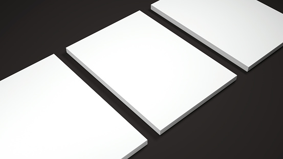 Maqueta de tres hojas de papel A4 blanco sobre fondo negro. Sombra suave. Render 3d de alta resolución. photo