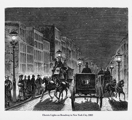 Beautifully Illustrated Antique Engraved Victorian Illustration of Street Lighting by Electric Lights in New York City Victorian Engraving, 1883. Source: Original edition from my own archives. Copyright has expired on this artwork. Digitally restored.