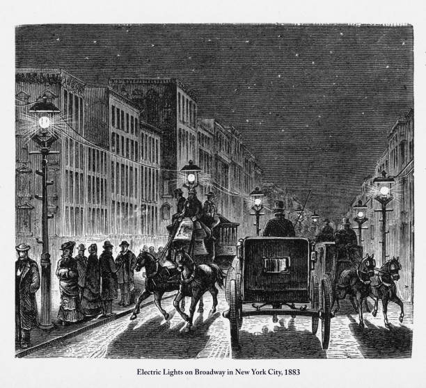 Street Lighting by Electric Lights Victorian Engraving, 1883 Beautifully Illustrated Antique Engraved Victorian Illustration of Street Lighting by Electric Lights in New York City Victorian Engraving, 1883. Source: Original edition from my own archives. Copyright has expired on this artwork. Digitally restored. woman driving car night stock illustrations