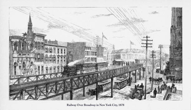 istock Railway Over Broadway in New York City Victorian Engraving, 1878 699071428