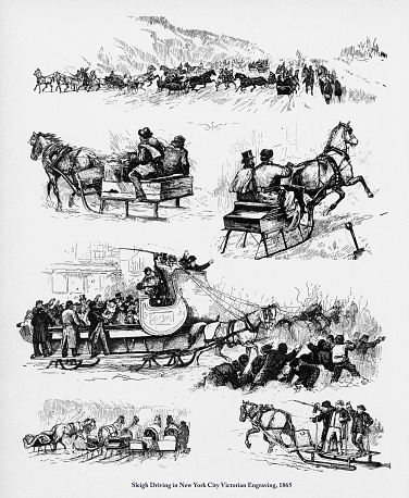 Beautifully Illustrated Antique Engraved Victorian Illustration of Sleigh Driving in New York City Victorian Engraving, 1865. Source: Original edition from my own archives. Copyright has expired on this artwork. Digitally restored.