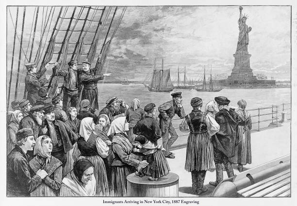 imigranci przybywający do nowego jorku, 1887 grawerowanie - engraving engraved image activity nautical vessel stock illustrations