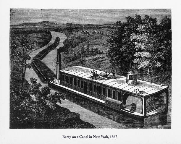 Beautifully Illustrated Antique Engraved Victorian Illustration of Barge on a Canal in New York Victorian Engraving, 1867. Source: Original edition from my own archives. Copyright has expired on this artwork. Digitally restored.
