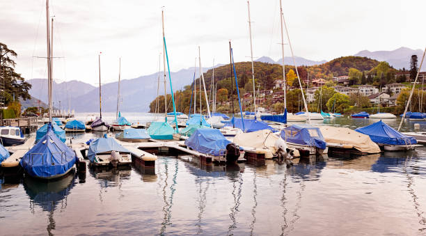 istock Marina in Spiez Switzerland panorama on a cloudy day 699098472