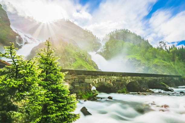 latefoss waterfall. norway. - bridge norway odda falling imagens e fotografias de stock