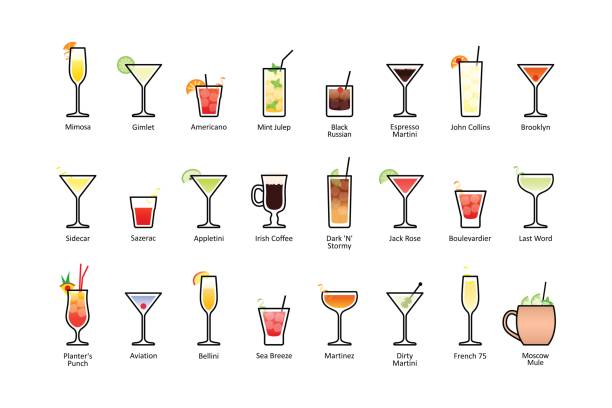 popularne koktajle alkoholowe z tytułami część 2, ikony ustawione w płaskim stylu na białym tle - martini glass martini dirty martini cocktail stock illustrations