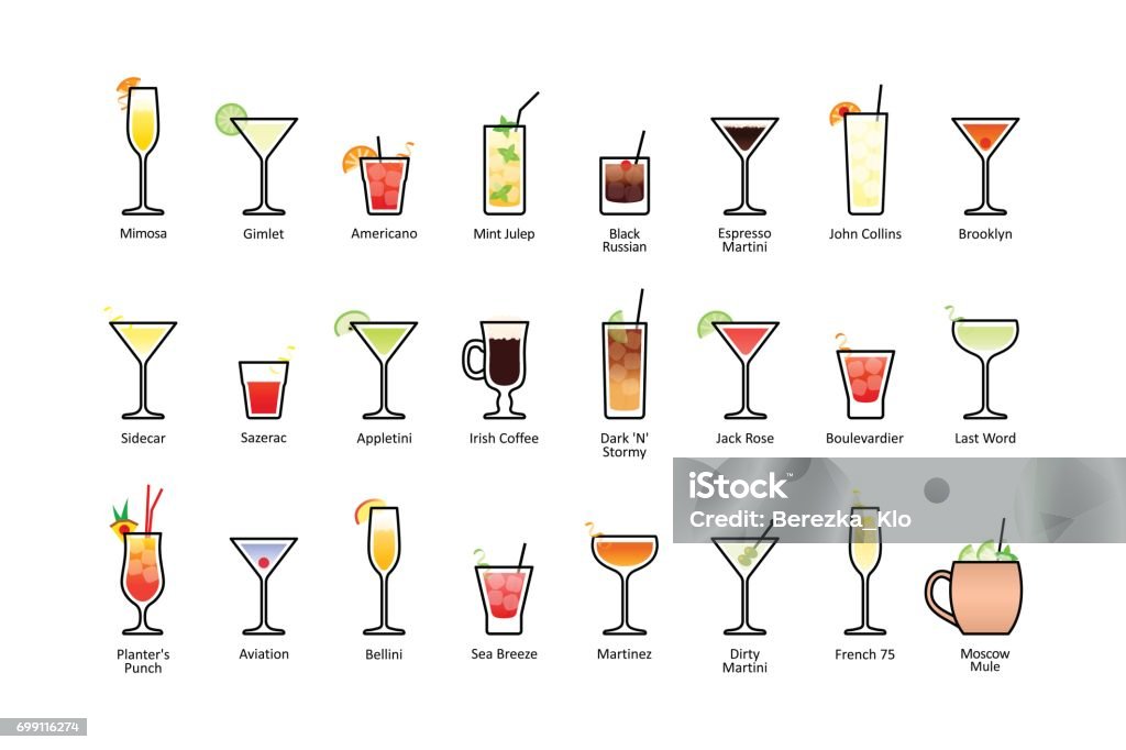 Popular alcoholic cocktails with titles part 2, icons set in flat style on white background Popular alcoholic cocktails with titles part 2, icons set in flat style on white background. Vector Icon Symbol stock vector