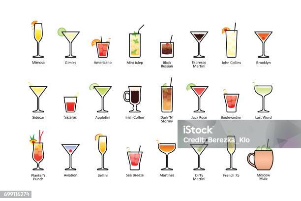 Popular Alcoholic Cocktails With Titles Part 2 Icons Set In Flat Style On White Background Stock Illustration - Download Image Now