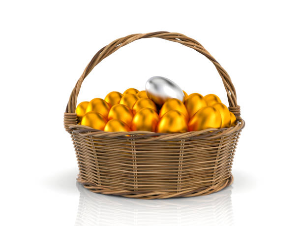 istock Golden egg! Chicken eggs in rattan basket. 3d illustration 699121582