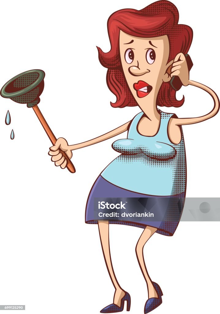 woman with plunger Frustrated woman with rubber plunger calling plumber, cartoon character 30-39 Years stock vector