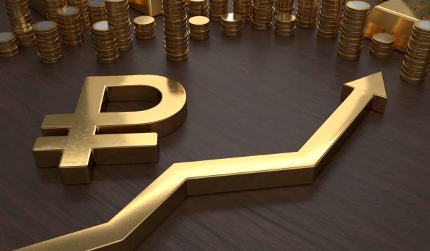 istock Golden ruble symbol and arrow up. 3D rendered illustration. 699141302