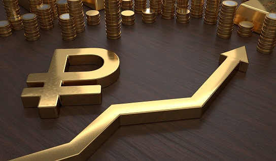 Golden ruble symbol and arrow up. 3D rendered illustration.