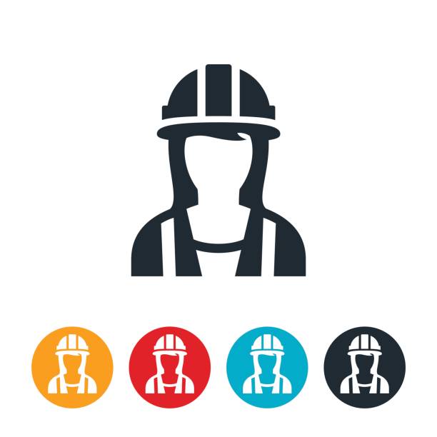 Female Construction Worker Icon An icon of a female construction worker. The worker wears a construction safety vest along with a hard hat. construction workers stock illustrations