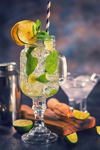 Refreshing Cocktail with Basil Leaf, Lime and ice in a wine glass on a dark background. drink gin and tonic