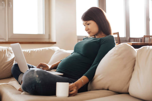 istock Pregnant woman working at laptop 699213144