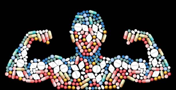 ilustrações de stock, clip art, desenhos animados e ícones de sports doping, anabolic drugs, pills and capsules - shape of a male muscular upper body - symbol for medical drug abuse. isolated vector illustration on black background. - doping