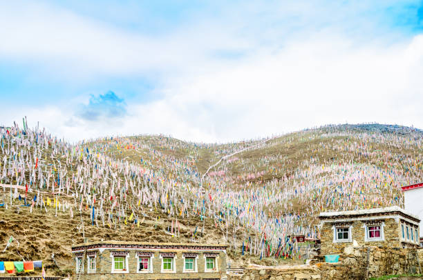 View on tibetan prayer flags on a hill in Sichuan