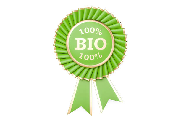 100% bio award, prize, medal or badge with ribbons. 3D rendering isolated on white background