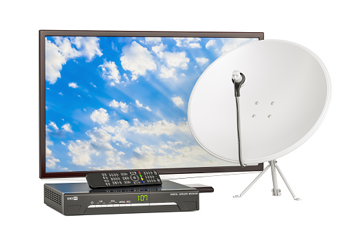 TV set with digital satellite receiver and satellite dish, telecommunications concept. 3D rendering