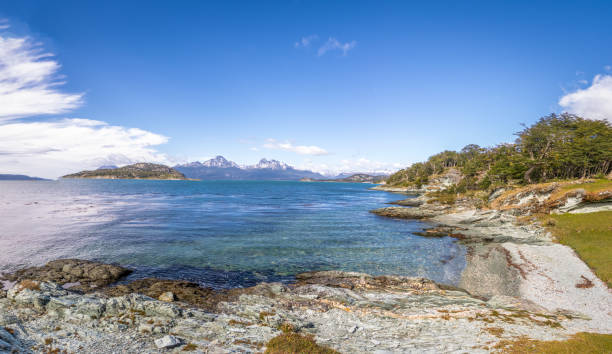 Panoramic view of Lapataia Bay at Tierra del Fuego National Park in Patagonia - Ushuaia, Tierra del Fuego, Argentina Panoramic view of Lapataia Bay at Tierra del Fuego National Park in Patagonia - Ushuaia, Tierra del Fuego, Argentina tierra del fuego national territory stock pictures, royalty-free photos & images