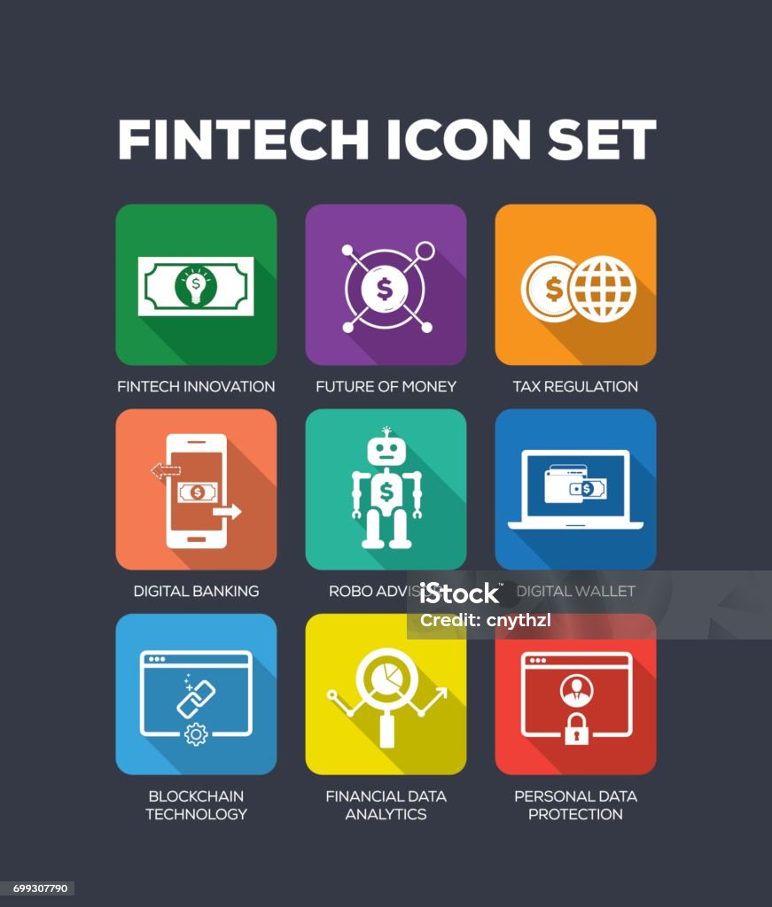 Fintech Flat Icon Set Financial Technology stock vector