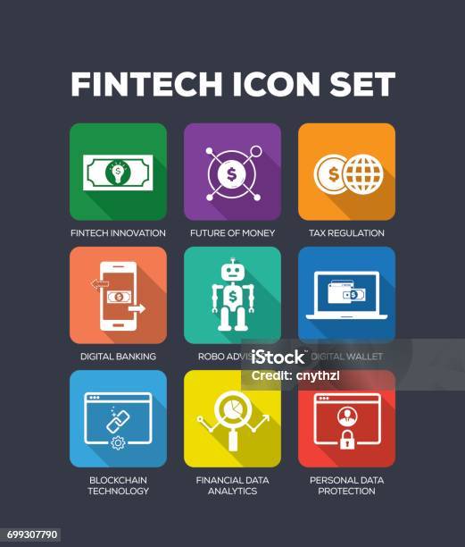 Fintech Flat Icon Set Stock Illustration - Download Image Now - Financial Technology, Icon Symbol, Abstract