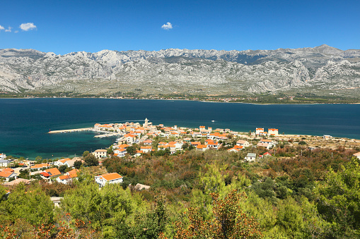 Aerial view of the town of Vinjerac and Velebit mountain, Dalmatia, Croatia