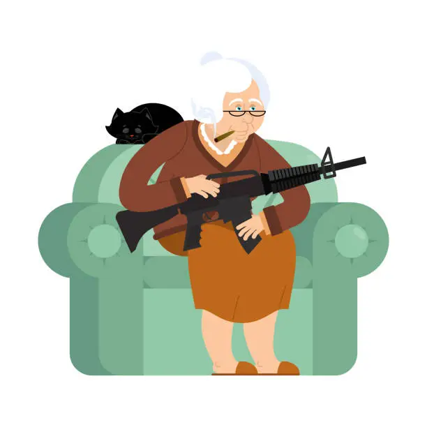 Vector illustration of Grandmother with gun. old woman in an armchair with tommy gun and cat. grandma with rifle. Protection of pensioners