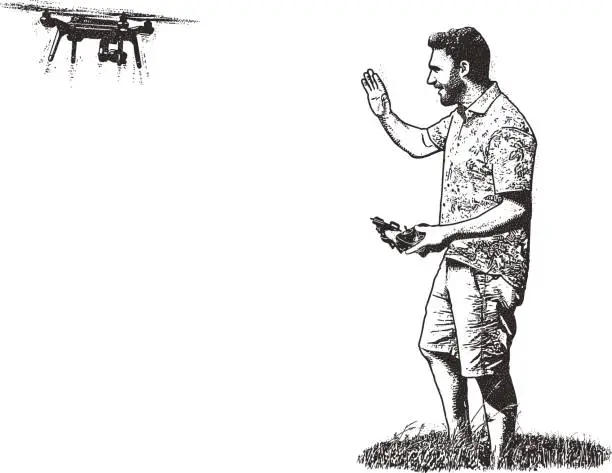 Vector illustration of Young man taking selfie with flying drone