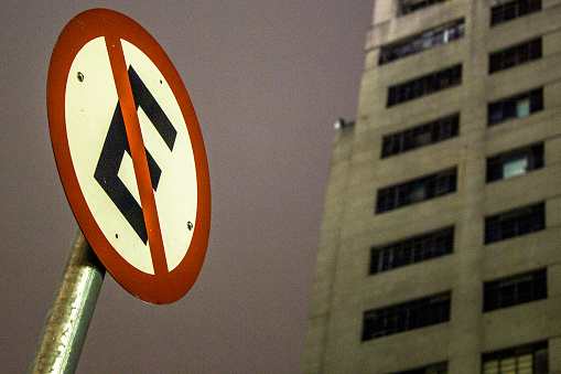No parking street sign in downtown Sao Paulo at night