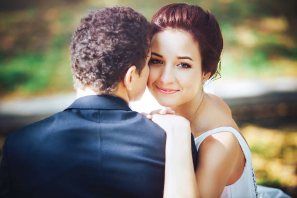 smiling happy wedding portrait, isolated on white background