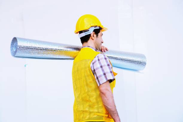 istock Man wears white safety hat is carrying insulation roll on white background 699619836