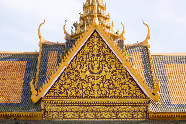 Beautiful yellow and white buddhistic   temple in Cambodia, South East Asia.