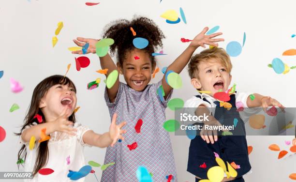 Group Of Kids Party Event Festive Celebration Stock Photo - Download Image Now - Celebration, Party - Social Event, Confetti