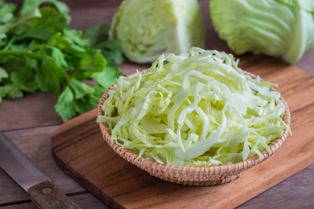 fresh shredded cabbage in wicker basket - head cabbage imagens e fotografias de stock