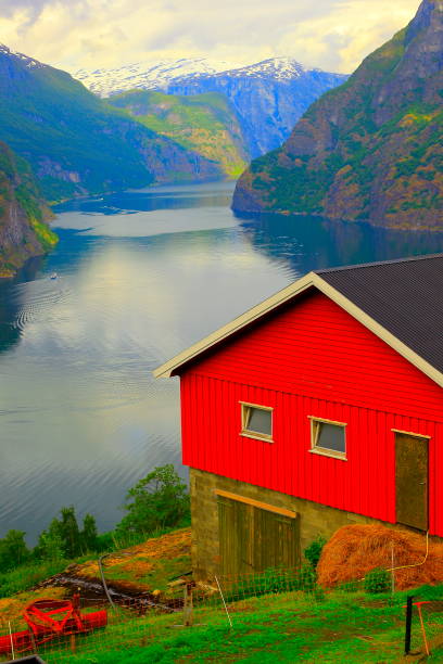 Rorbu barn and Norway impressive AurlandsFjord from above, Norwegian dramatic landscape, Scandinavia – Nordic Countries