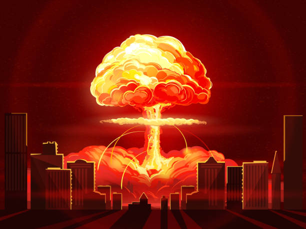 ilustraciones, imágenes clip art, dibujos animados e iconos de stock de explosión nuclear. bomba atómica en la ciudad. símbolo de la guerra nuclear, fin del mundo, peligros de la energía nuclear - bomba atomica