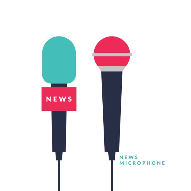 Bright vector poster with news microphones and a field for text on bright background. Vector illustration in flat style Bright vector poster with news microphones and a field for text on bright background. Vector illustration in flat, minimalistic style. television industry illustrations stock illustrations