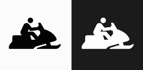 Snowmobile Icon on Black and White Vector Backgrounds Snowmobile Icon on Black and White Vector Backgrounds. This vector illustration includes two variations of the icon one in black on a light background on the left and another version in white on a dark background positioned on the right. The vector icon is simple yet elegant and can be used in a variety of ways including website or mobile application icon. This royalty free image is 100% vector based and all design elements can be scaled to any size. Snowmobiling stock illustrations