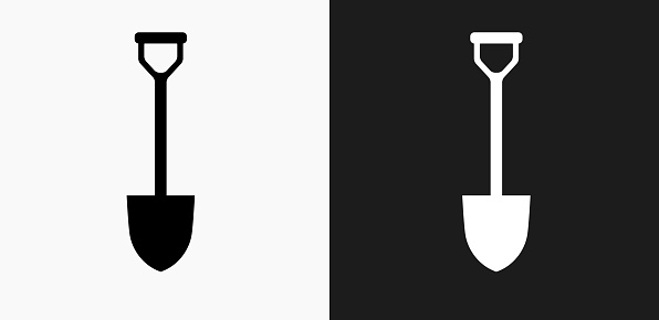 Shovel Icon on Black and White Vector Backgrounds. This vector illustration includes two variations of the icon one in black on a light background on the left and another version in white on a dark background positioned on the right. The vector icon is simple yet elegant and can be used in a variety of ways including website or mobile application icon. This royalty free image is 100% vector based and all design elements can be scaled to any size.