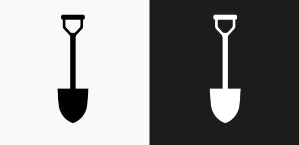 Shovel Icon on Black and White Vector Backgrounds Shovel Icon on Black and White Vector Backgrounds. This vector illustration includes two variations of the icon one in black on a light background on the left and another version in white on a dark background positioned on the right. The vector icon is simple yet elegant and can be used in a variety of ways including website or mobile application icon. This royalty free image is 100% vector based and all design elements can be scaled to any size. shovel stock illustrations