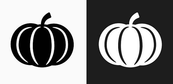 Pumpkin Icon on Black and White Vector Backgrounds. This vector illustration includes two variations of the icon one in black on a light background on the left and another version in white on a dark background positioned on the right. The vector icon is simple yet elegant and can be used in a variety of ways including website or mobile application icon. This royalty free image is 100% vector based and all design elements can be scaled to any size.