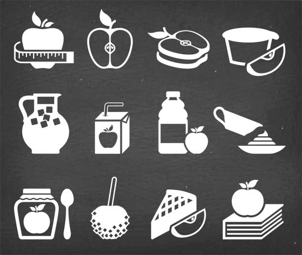 ilustrações, clipart, desenhos animados e ícones de maçã comida e backing icon set vector - nature black and white leaf black background