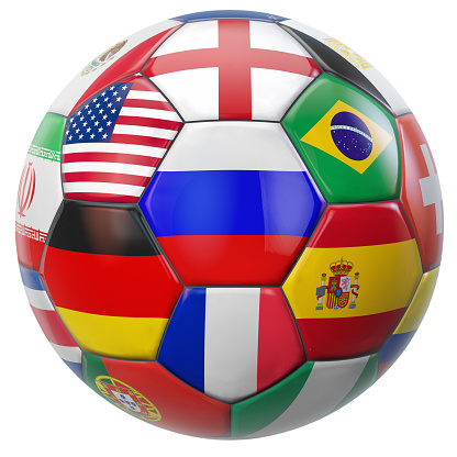 Russia football with participating national teams flags in world soccer tournament. Clipping path included for easy selection.