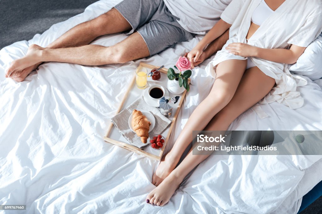 couple in love having breakfast in bed Breakfast Stock Photo