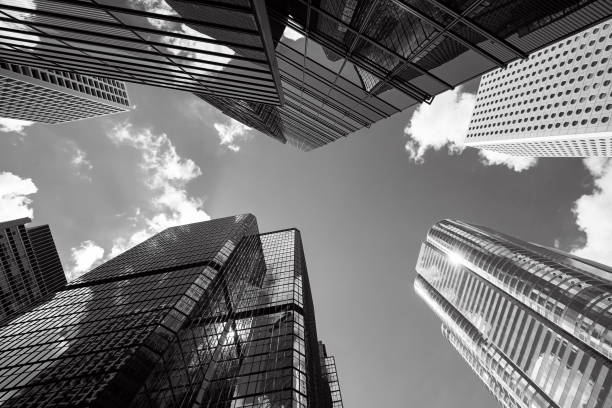 istock Modern skyscrapers shot with perspective (Black and White) 699773080