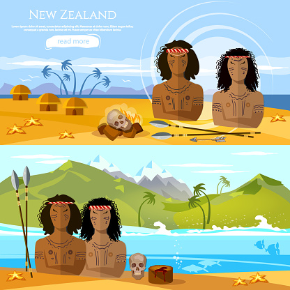 New Zealand banners. People of Maori, tradition and culture New Zealand. Mountains and beach landscape, natives. Village of aboriginals Maori of New Zealand
