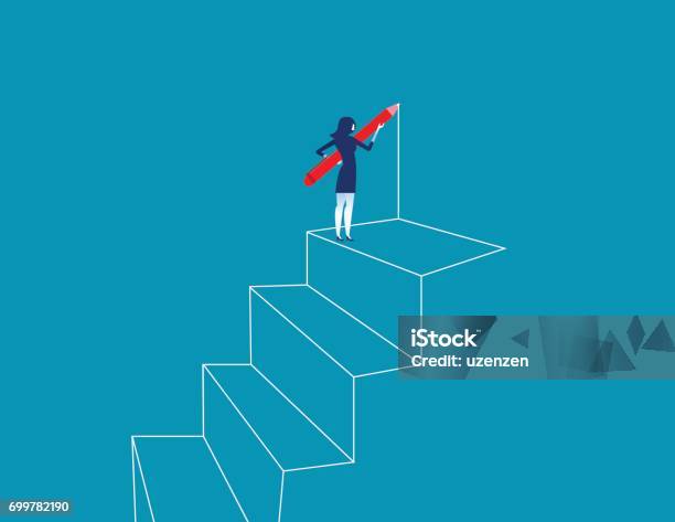 Businesswoman Drawing Outline Of Steps With Pen Concept Business Vector Illustration Stock Illustration - Download Image Now