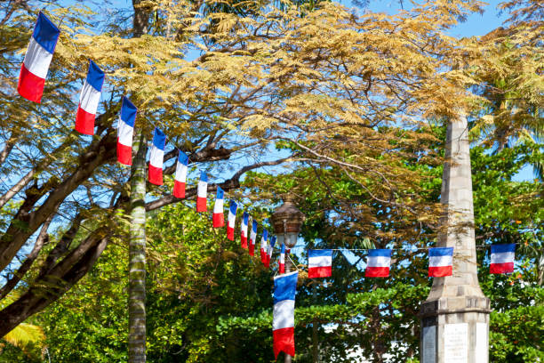 French flag bunting for Bastille day before the war memorial of the Square de l'Appel du 18 Juin 1940 in Saint-Paul de la Reunion.