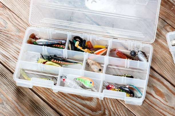 istock Fishing accessories on a wooden background. 699816606